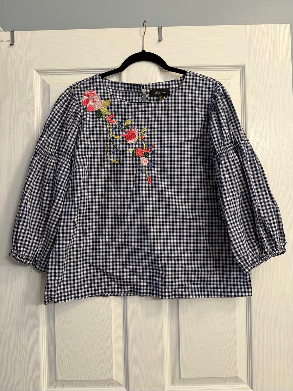 Melissa Paige Navy and White Gingham Embroidered Floral Tunic